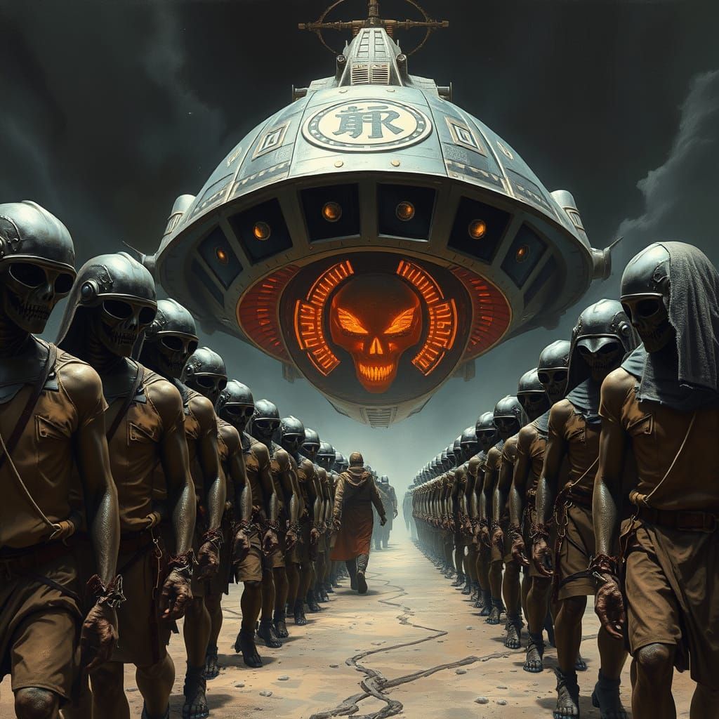 Humans Marched Towards Alien Spaceship in Dystopian Scene