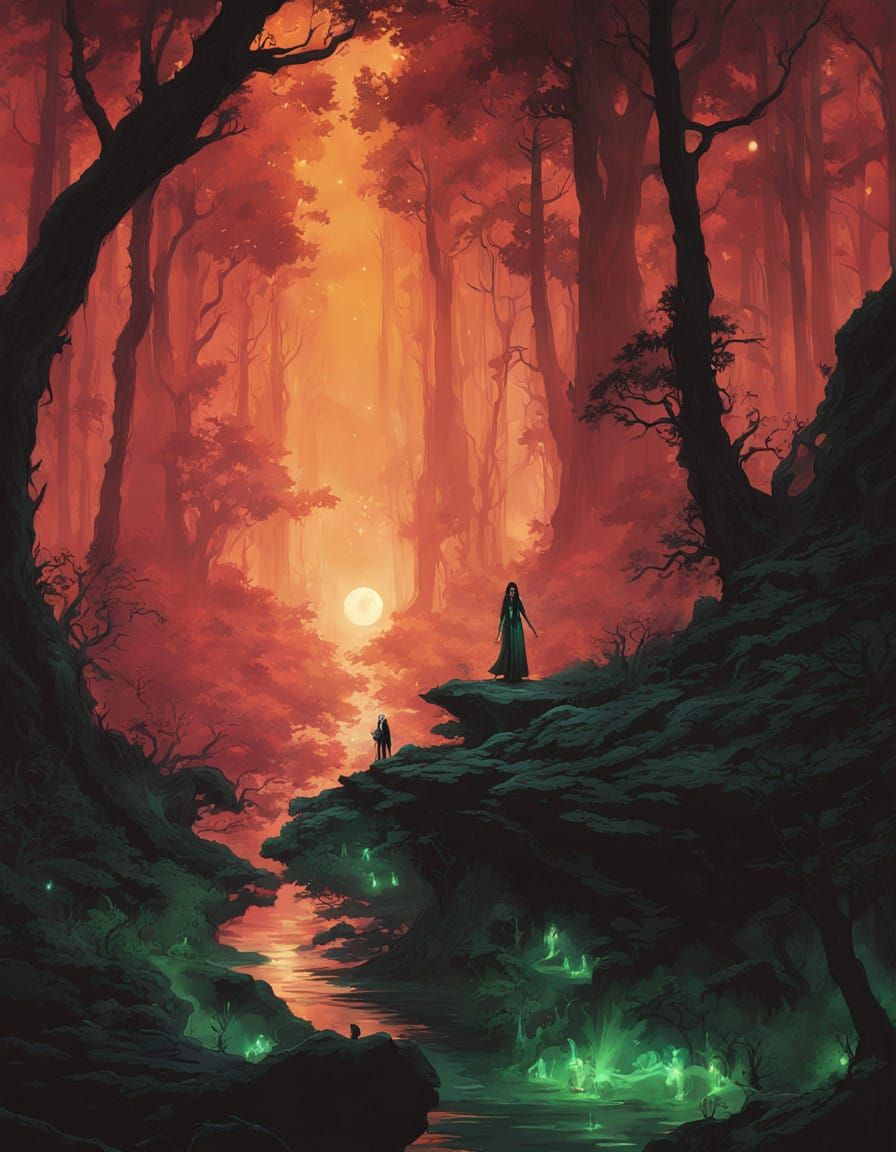 Mystical Elf Sorceress Unleashes Green Flames in Dark Forest