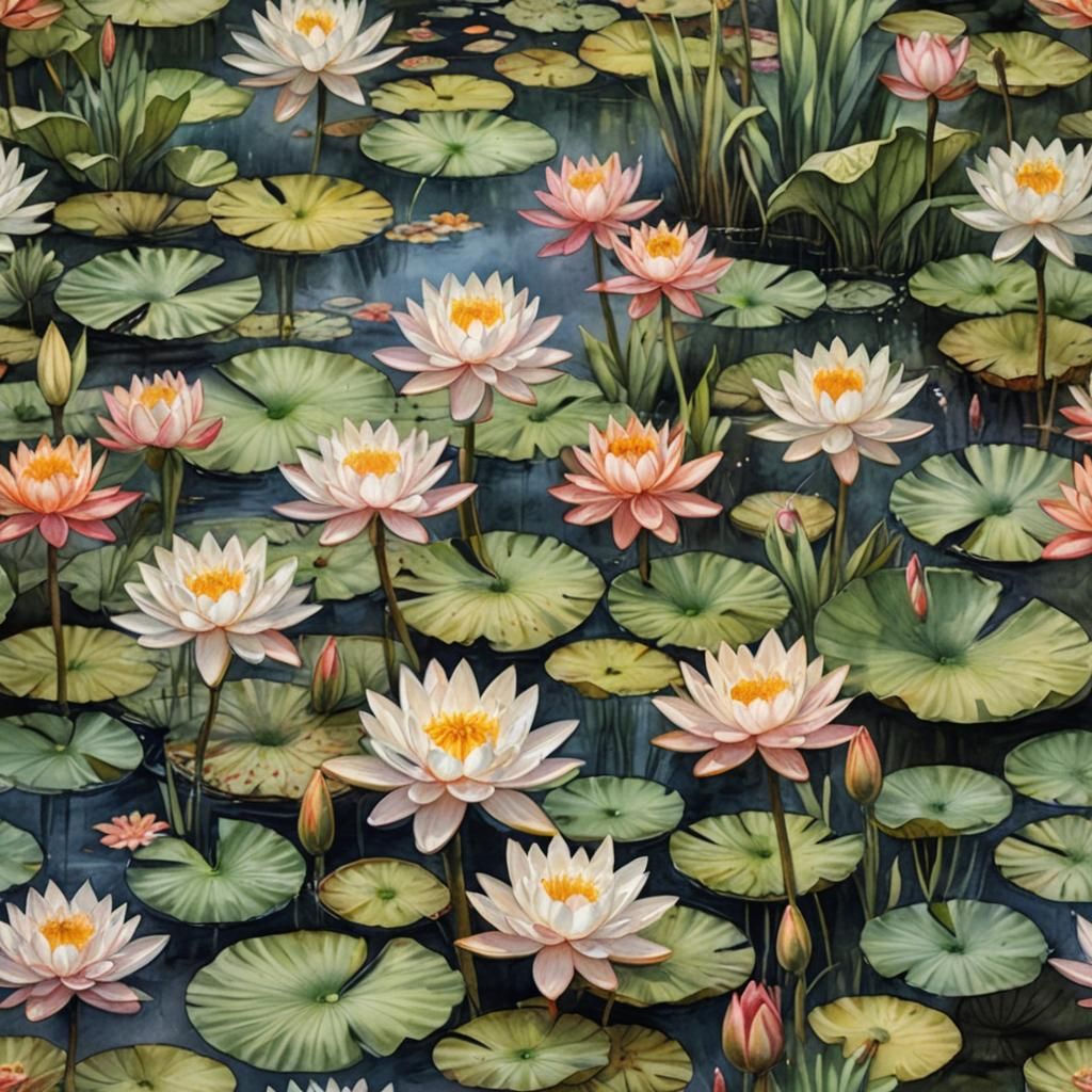 Hyperrealistic Water Garden in Watercolor Art Style
