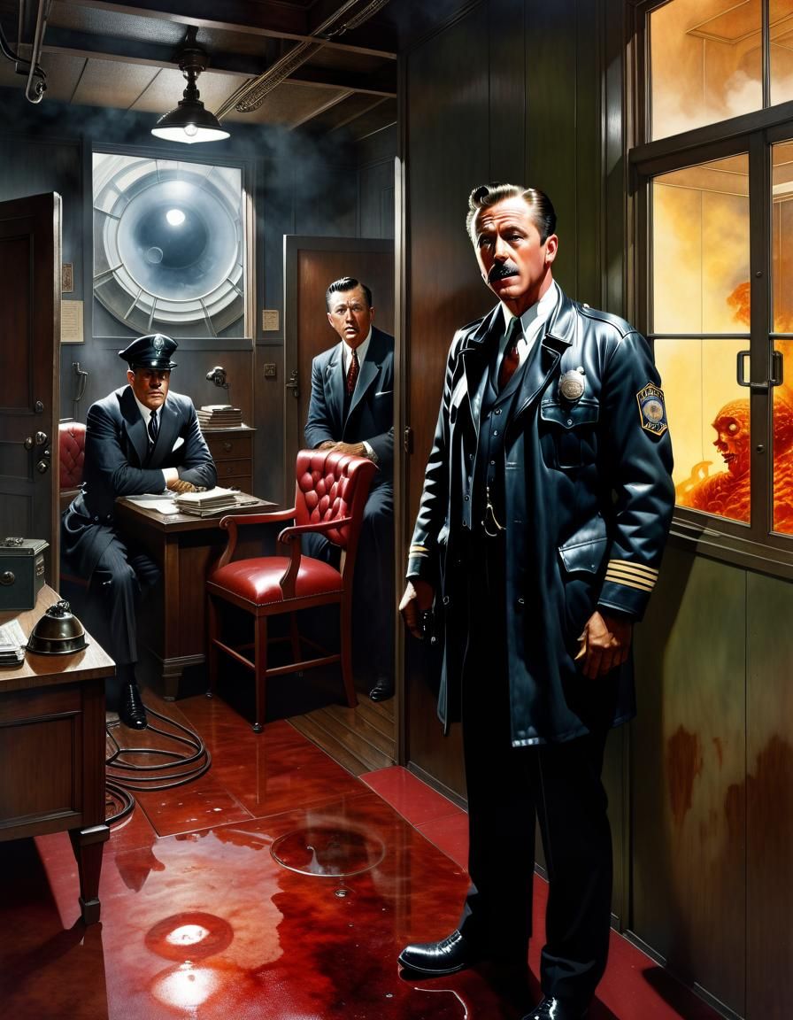 Surreal Atompunk Interrogation Scene in Comic Book Style