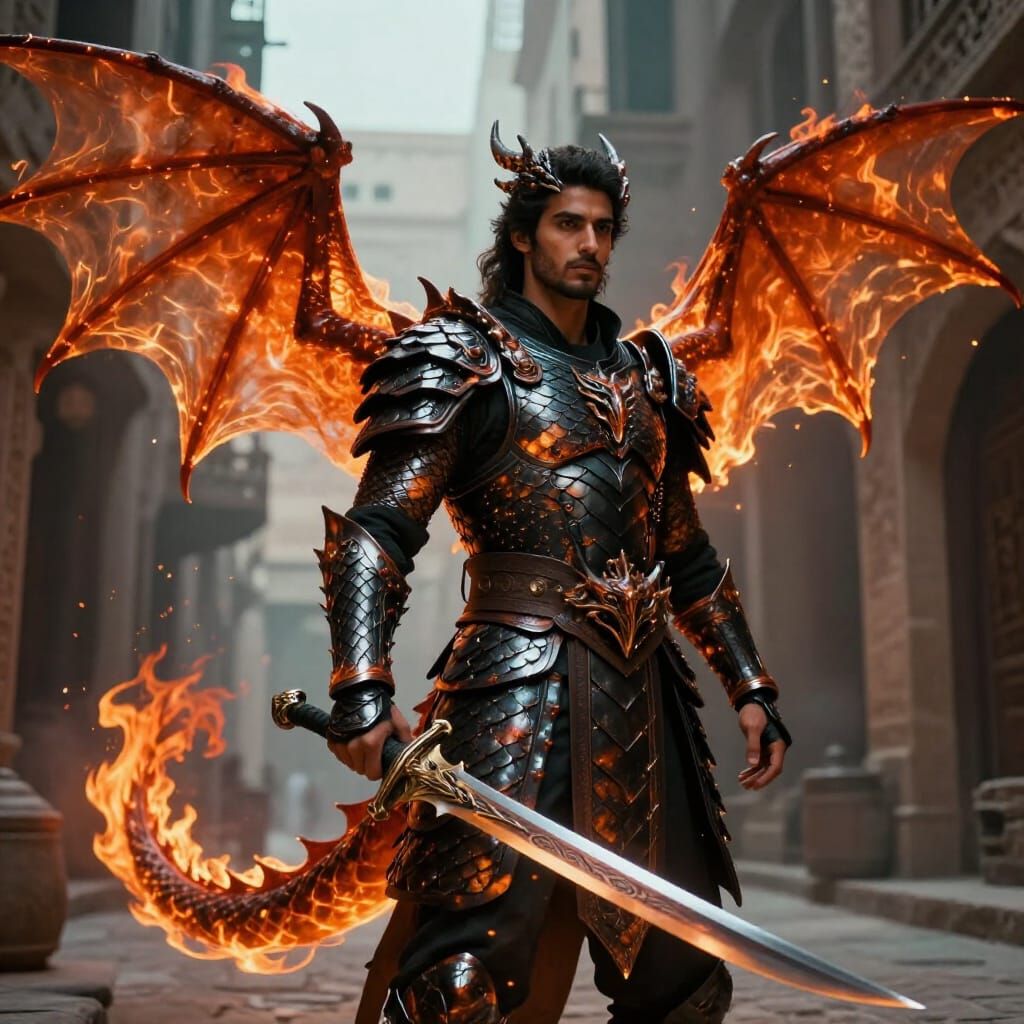 Arab Warrior in Dragon Armor with Fiery Wings