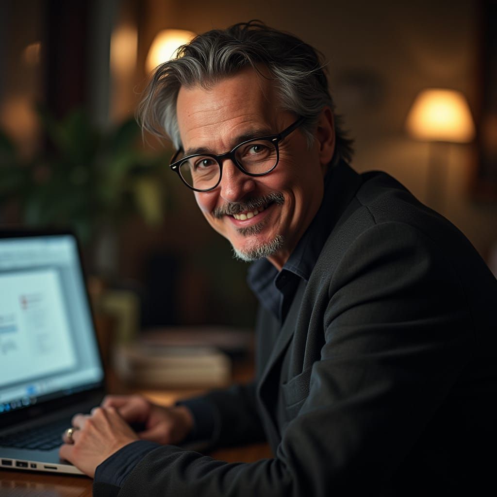 John Depp Lookalike at Desk with Laptop, Grainy Film Style