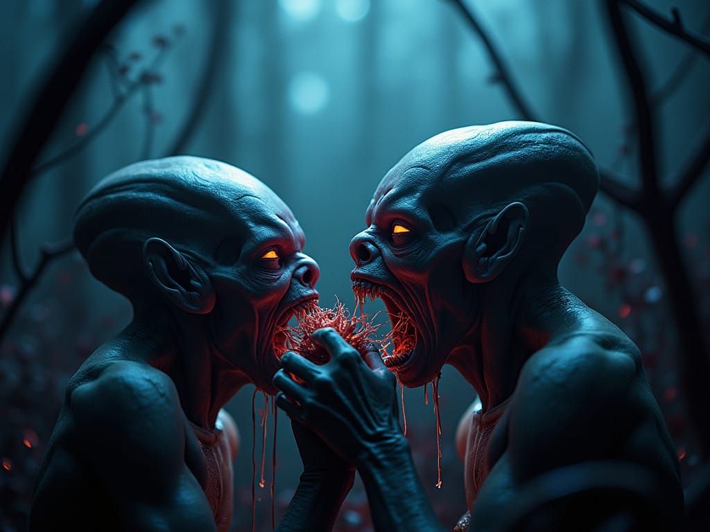 Alien Beings Devour Black Light Flower in Dark Mystical Fore...