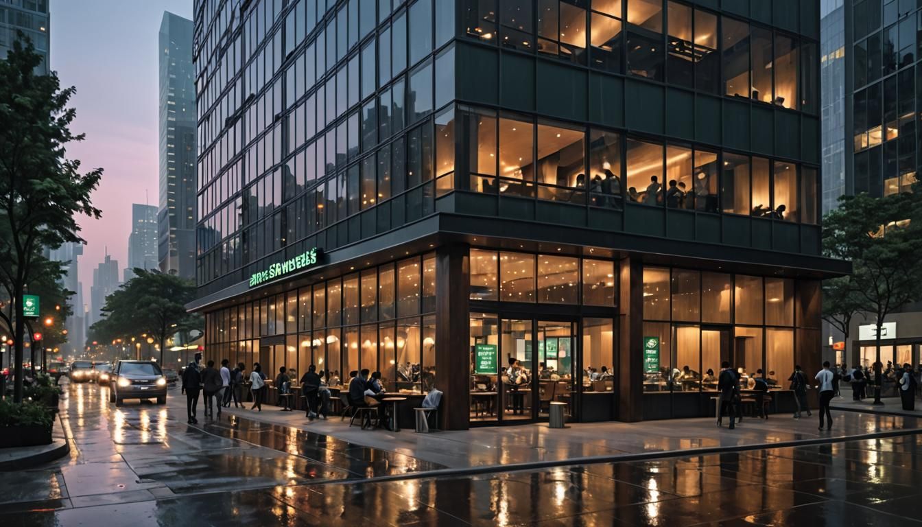 Twilight Cityscape: Futuristic Starbucks in Ethereal Glow
