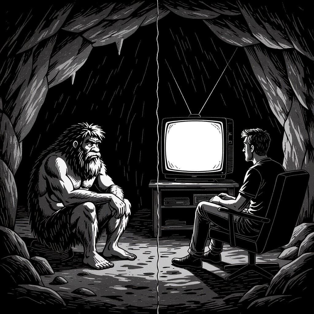 Caveman vs Modern Man in Man Cave Ink Art