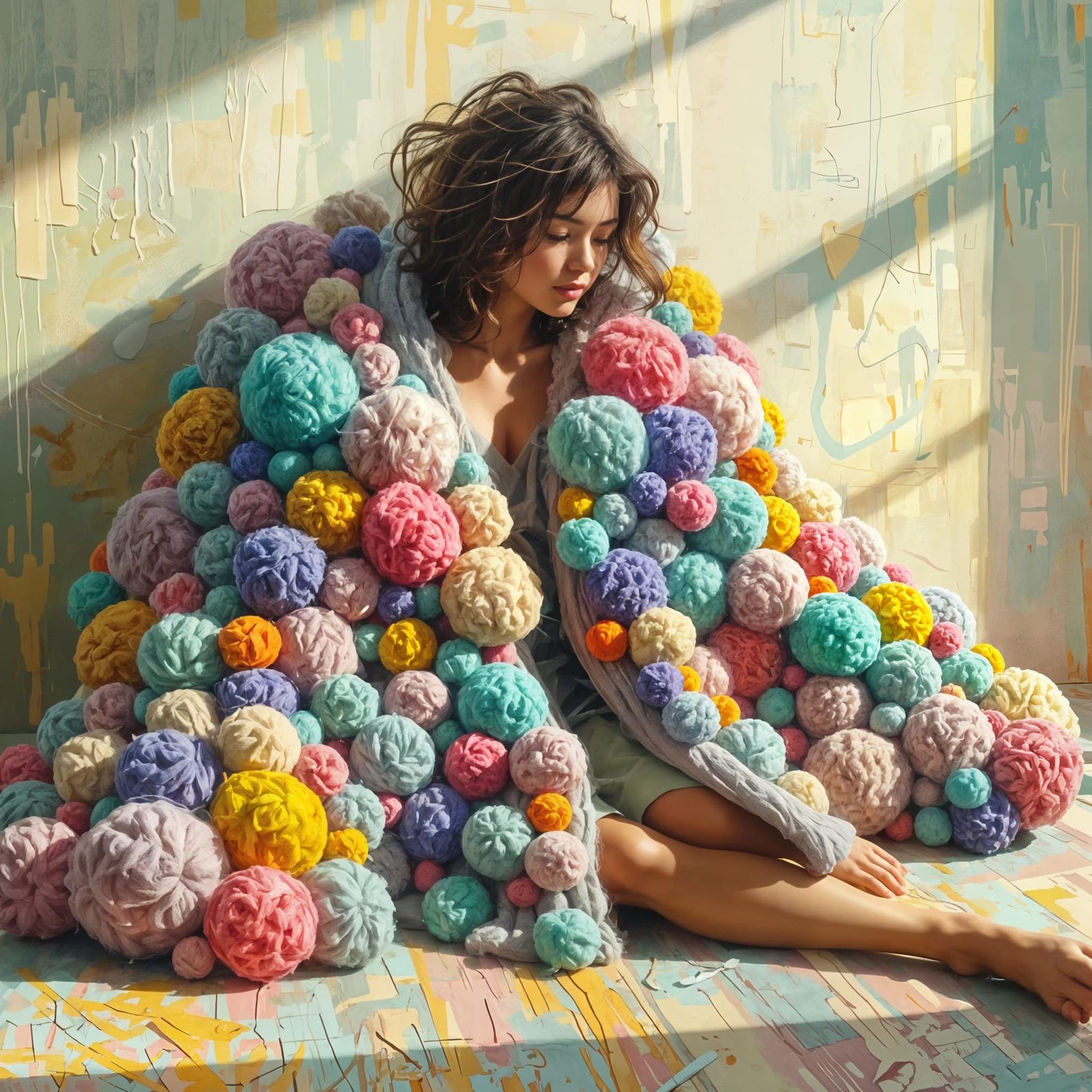 Pom Pom Coat in Abstract Brushwork Style