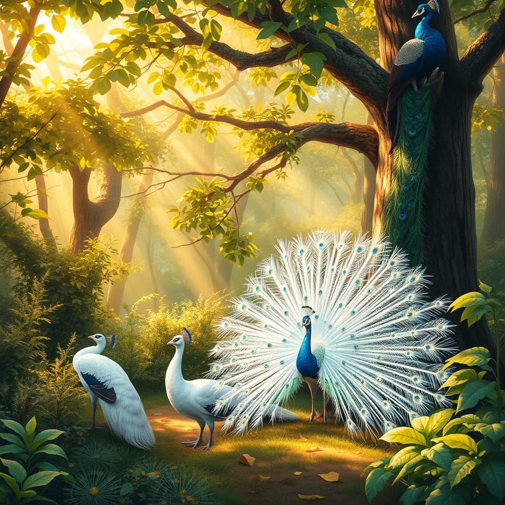 Vibrant Forest Scene with Majestic Peacocks in Full Plumage