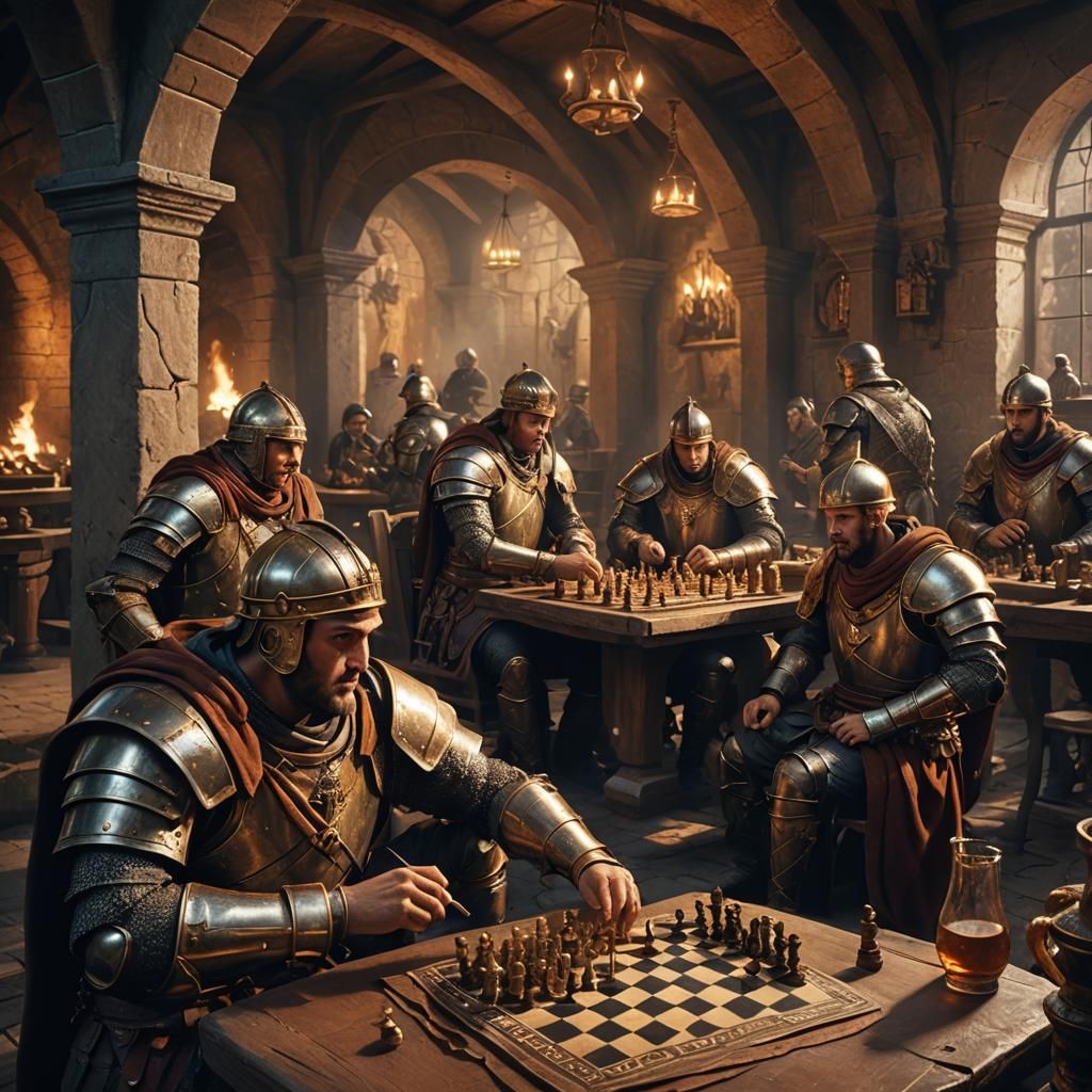 Medieval Roman Soldiers Play Chess in Tavern