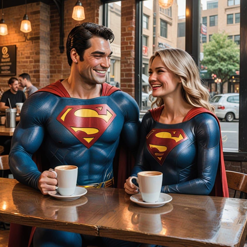 Superman and Supergirl in Coffee Shop, Waterhouse Style
