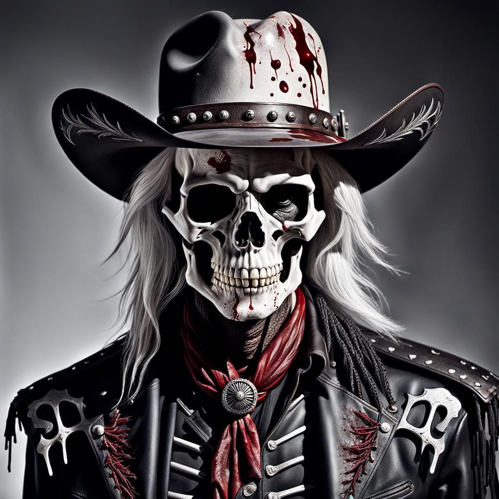 Photorealistic Blackened Skeleton Cowboy Portrait