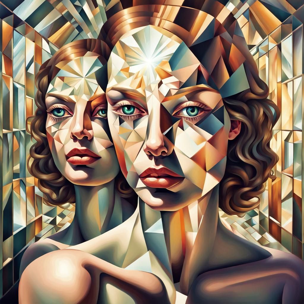 Cubist Portrait in Mirror Labyrinth with Glowing Light