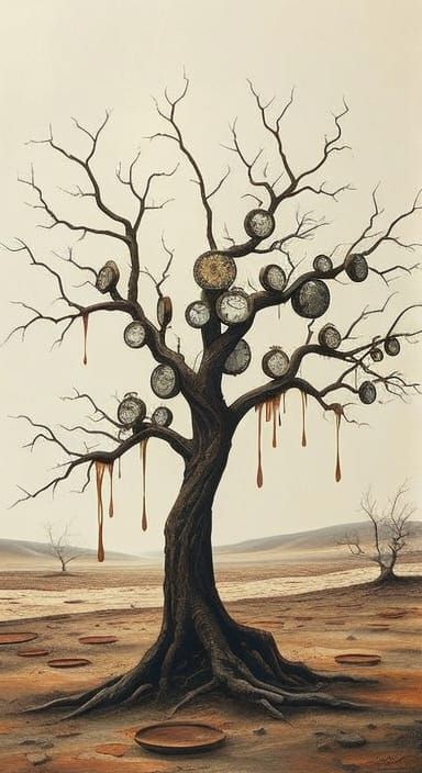Surreal Melting Clock Tree in Dreamlike Landscape