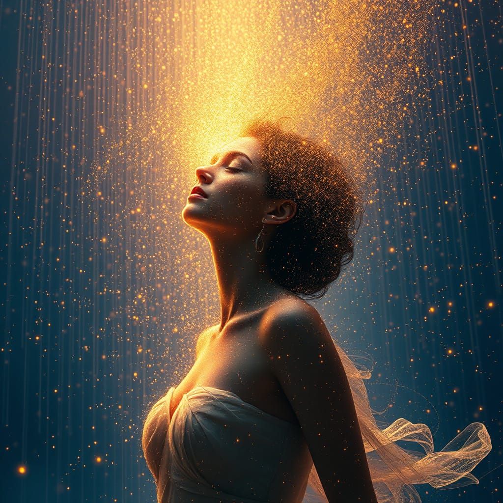 Woman Dissolving into Stardust Amidst Golden Rain