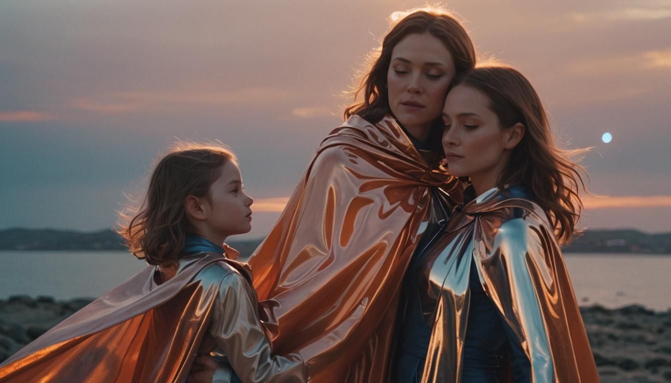 Futuristic Mother and Daughter in a Sci-Fi Embrace