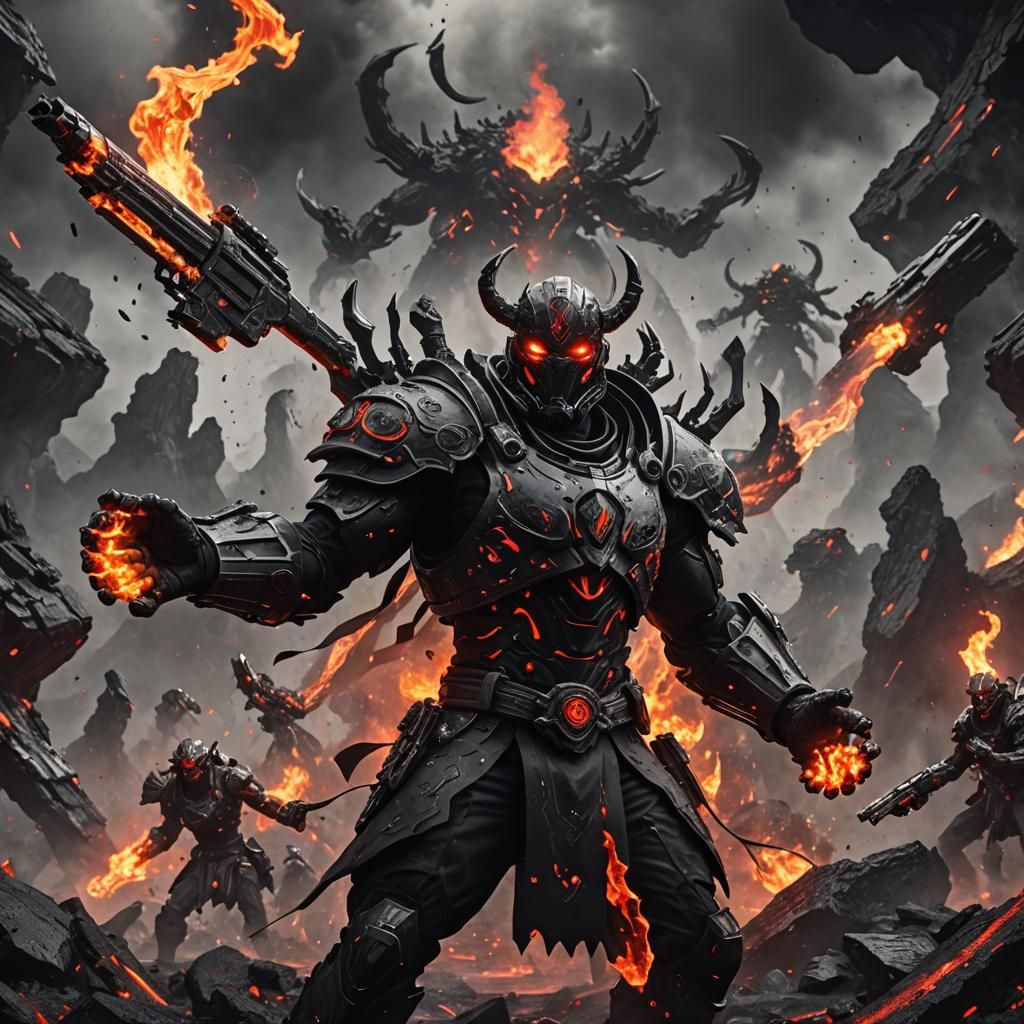 Obsidian Fire Elemental Gunslinger in Black and White