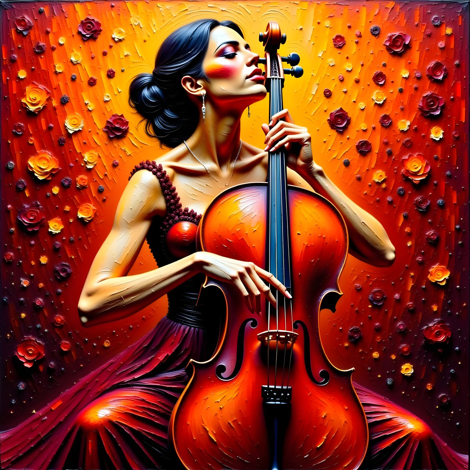 Passionate Cellist in Expressionist Impasto Oil Style