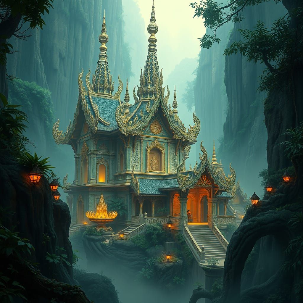 Thai temple in tropical rainforest - Flux Schnell version