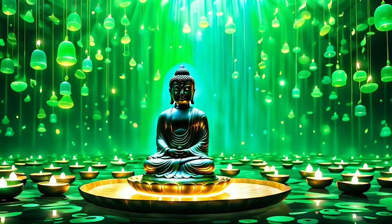 Floating Jade Buddha Surrounded by Musical Notes
