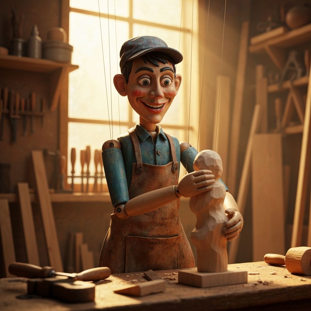 Marionette Sculpting Wood in a Colorful, Cubist Style