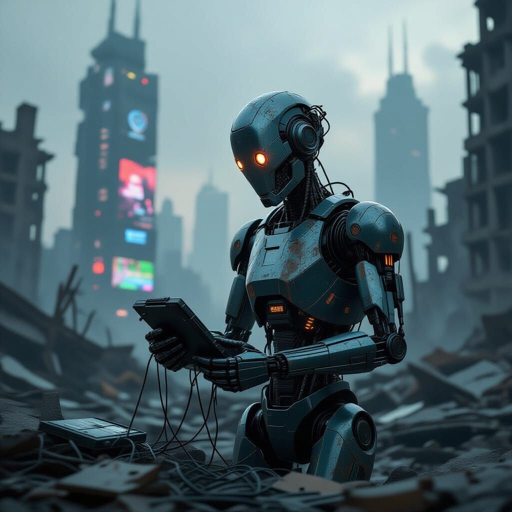Weathered Android in Ruined Metropolis, Concept Art Style