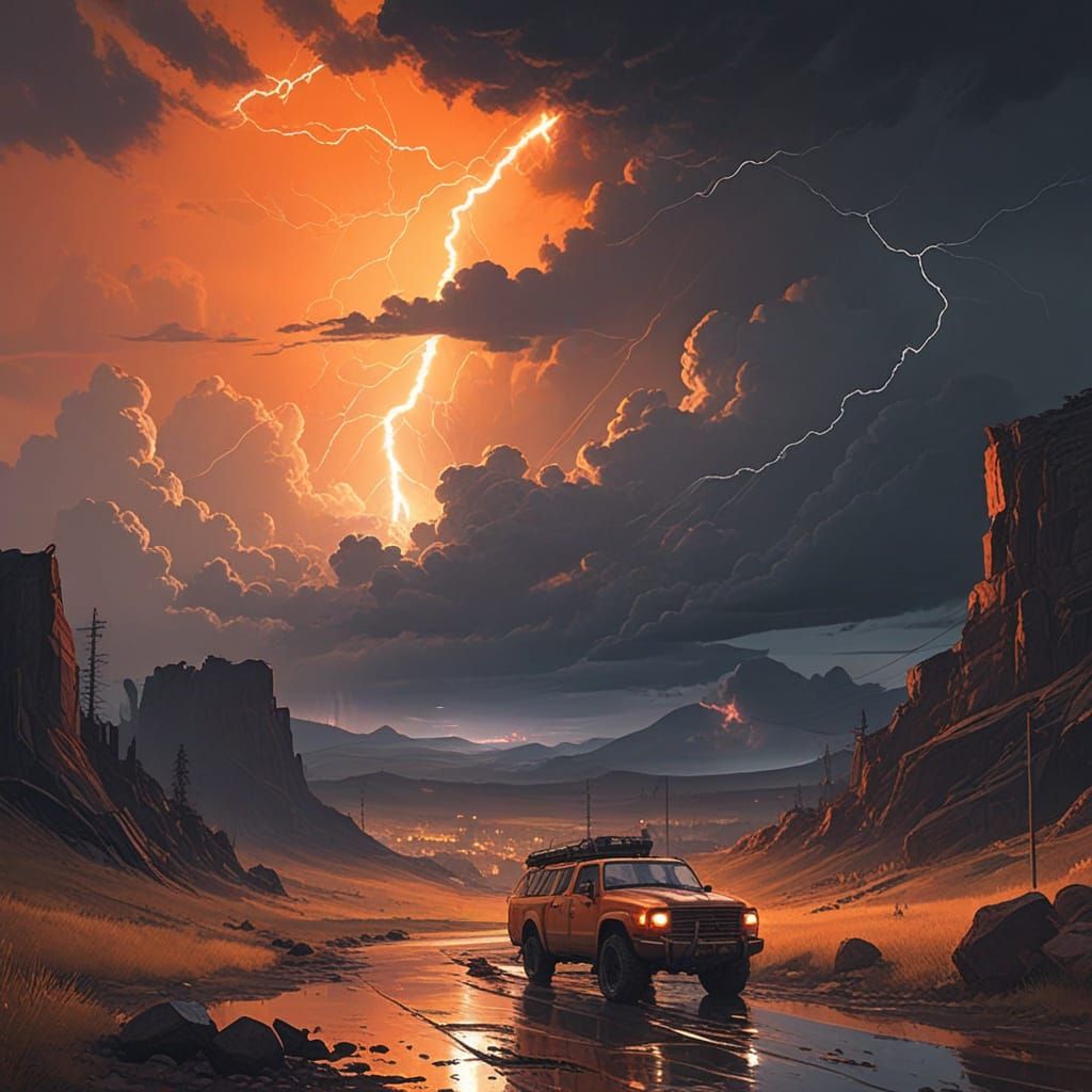 Gritty Stormy Landscape Illuminated by Lightning