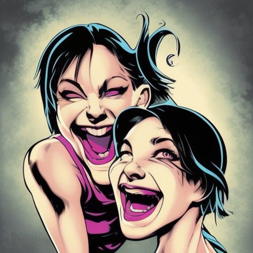 Two Girls Laughing in Vector Comic Style