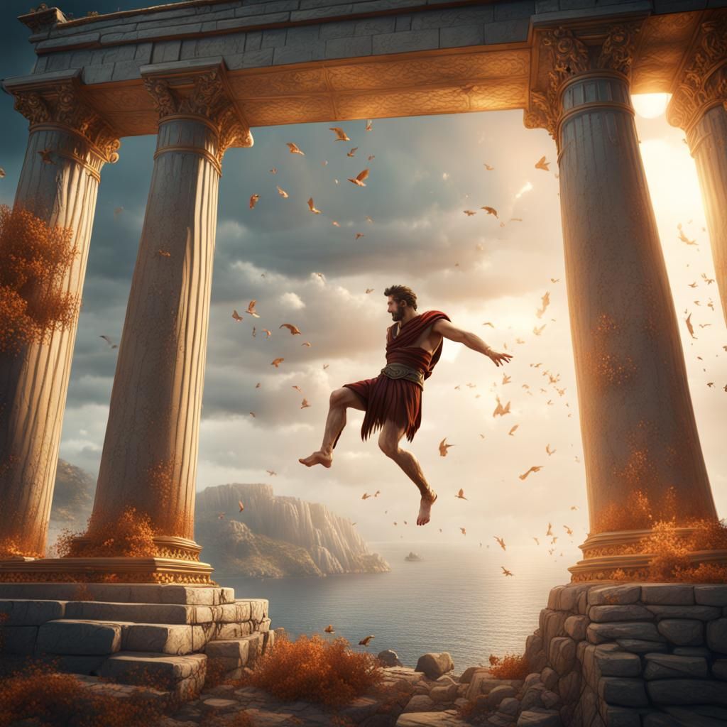 Falling Man in Ancient Greece: Detailed Matte Painting