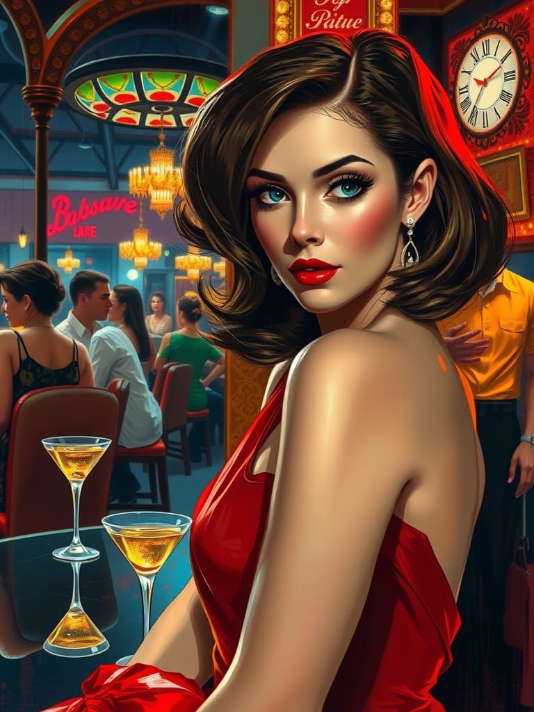 Glamorous Woman at Nightclub in Impressionist Painting