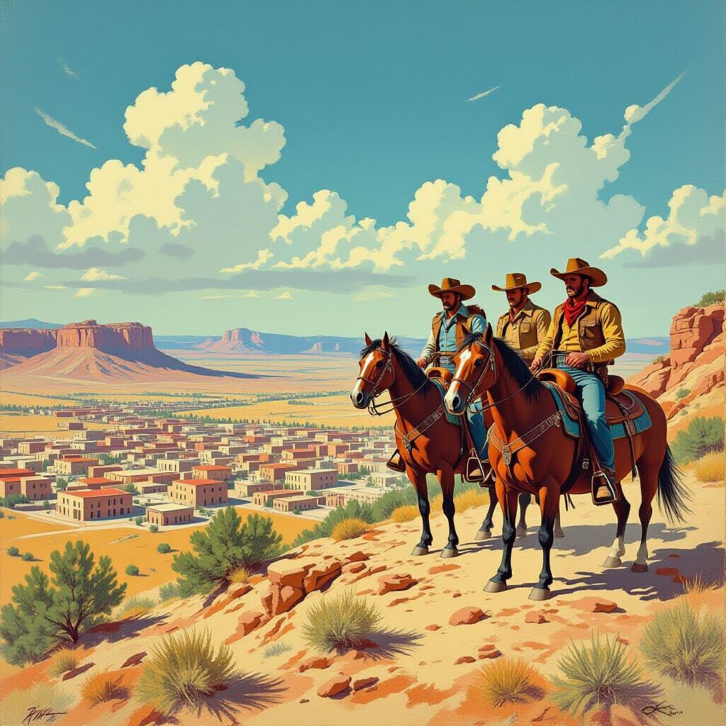 Western Outlaws on Hilltop in 1970s Pulp Art Style