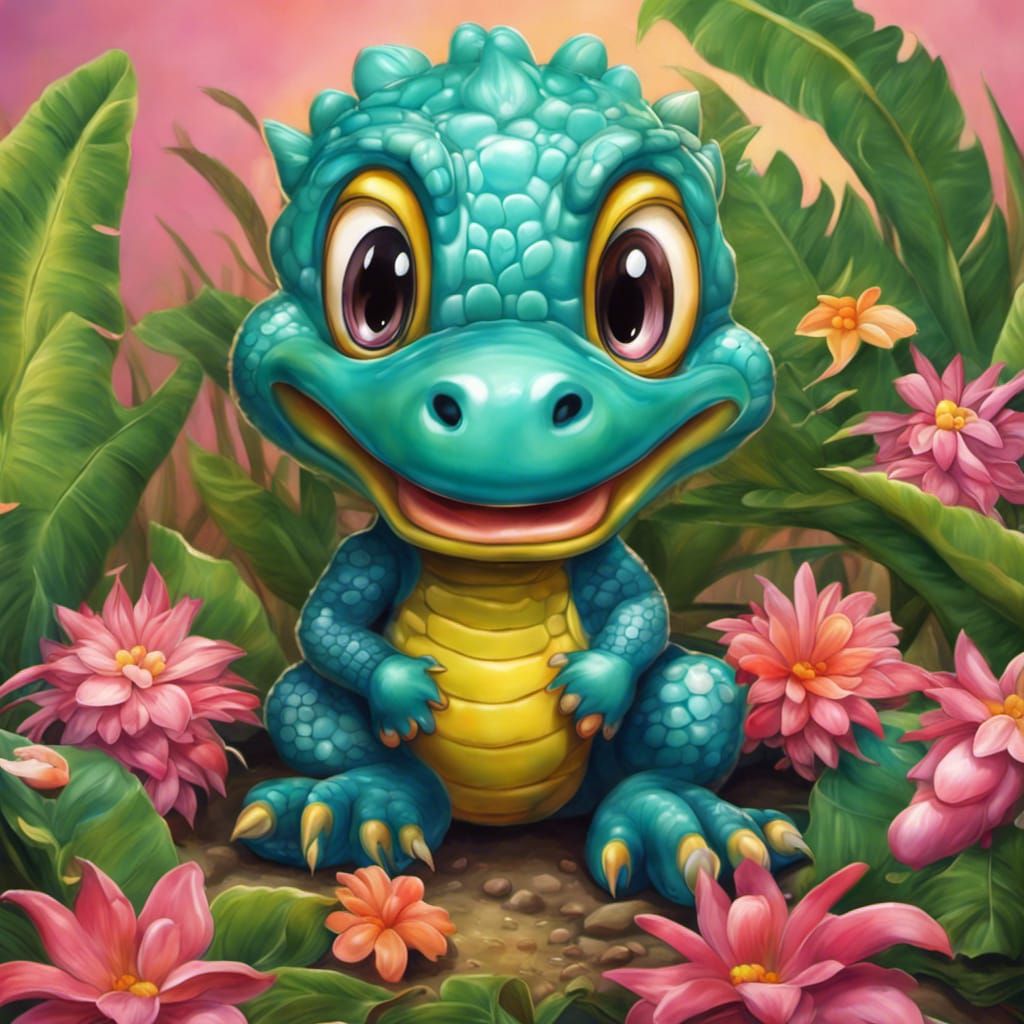 Chibi Gator in a Tropical Oasis: Airbrush Painting