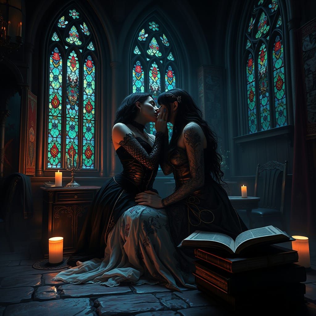 Lesbian Vampire's Moonlit Embrace in Gothic Castle