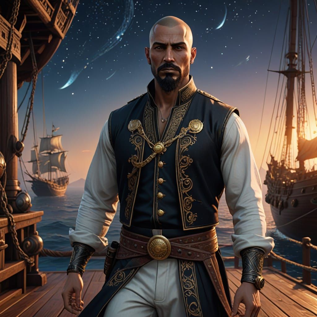 Regal Sailor in Ancient Arabian Sailing Vessel at Night