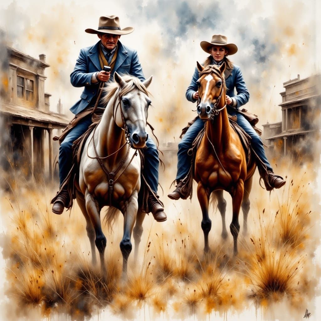 Wild West Gunfight in Watercolor Art