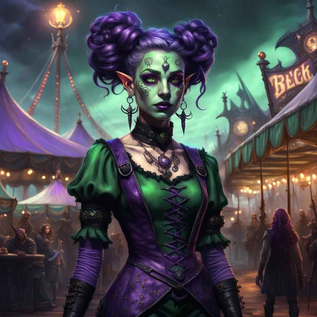 Elf Cleric at Dark Carnival, Hyperdetailed Fantasy Art