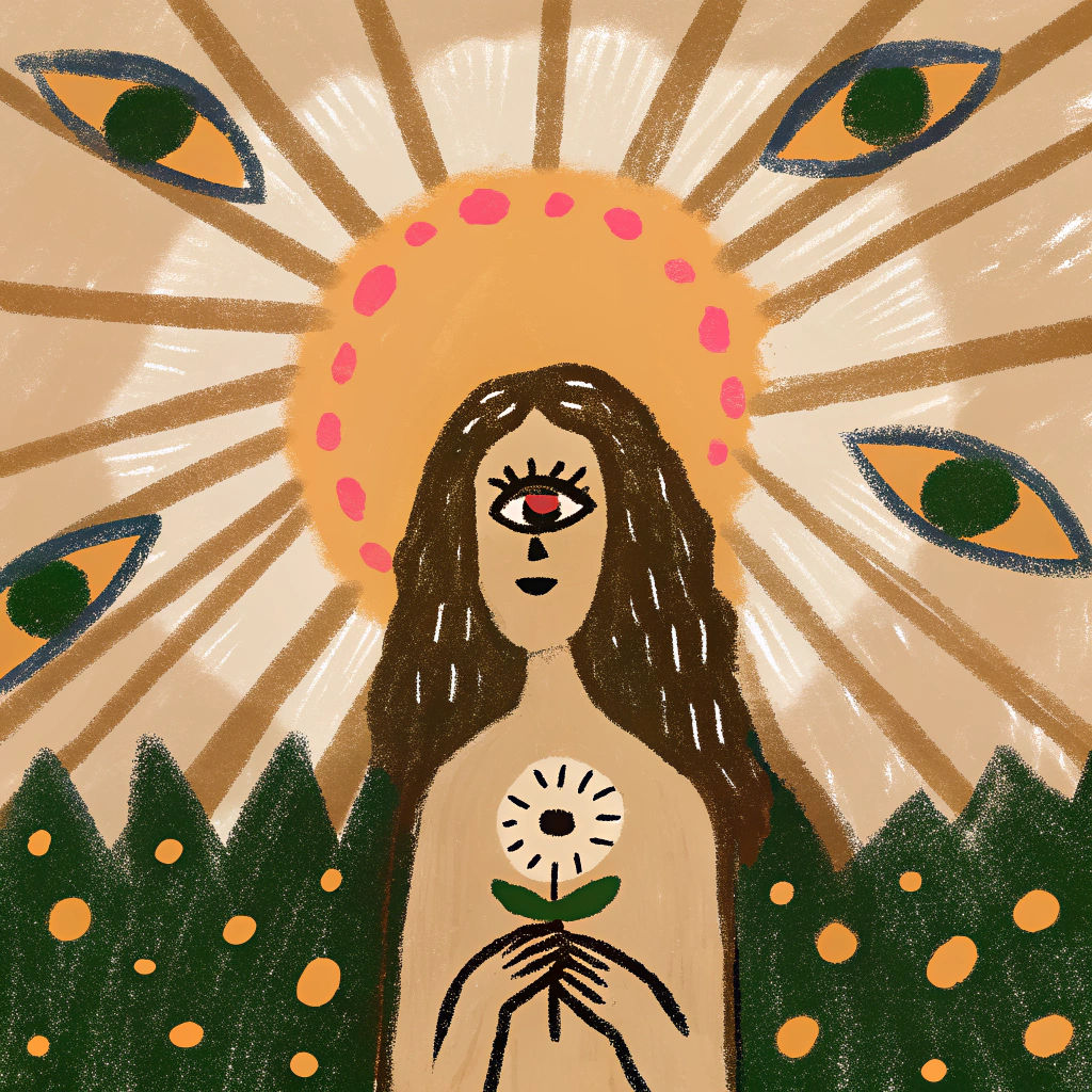 Bohemian Goddess with Kaleidoscope Eyes in Surreal Landscape