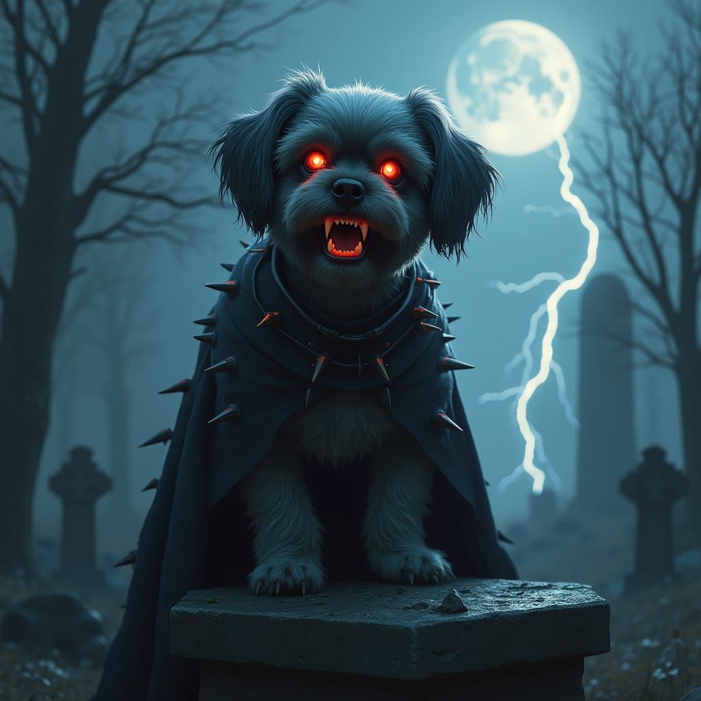 Menacing Shih Tzu in Graveyard, Dark Fantasy Concept Art