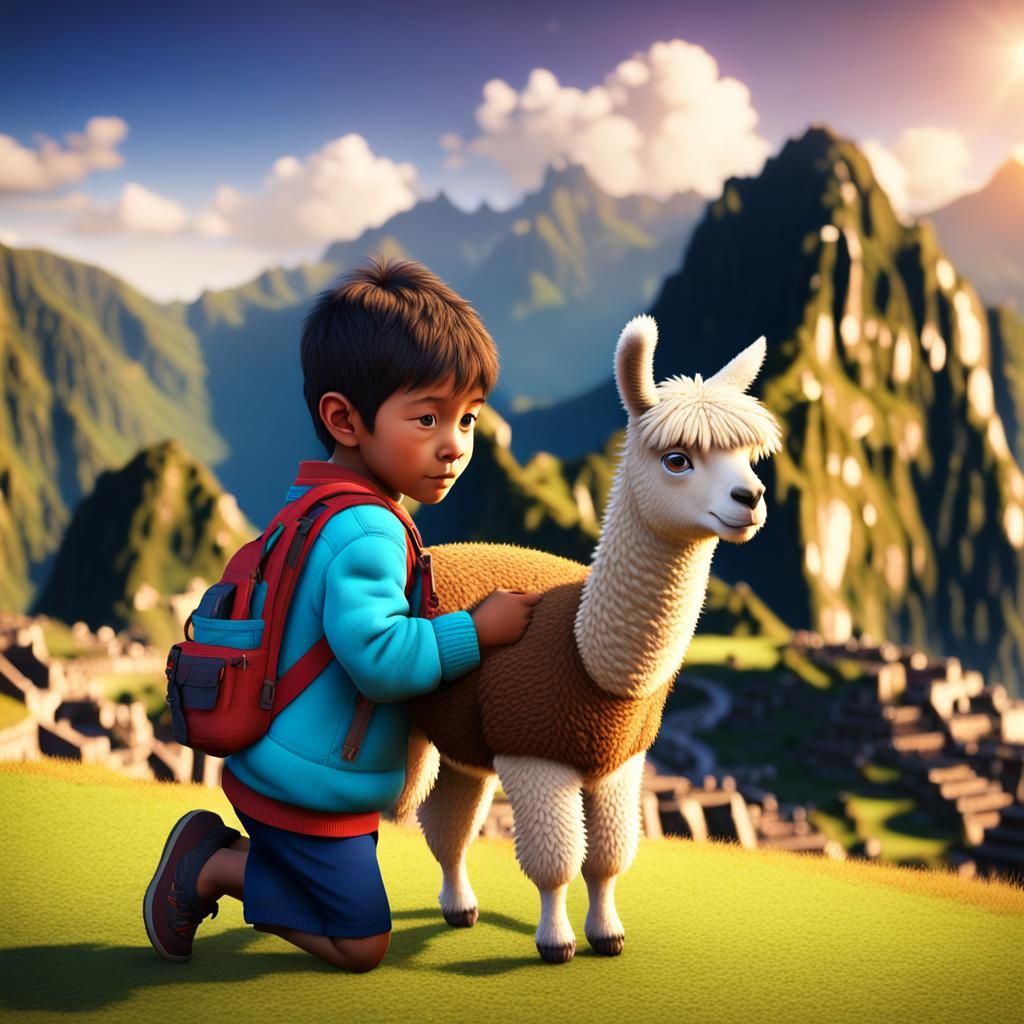 Toddler and Llama in Machu Picchu: 3D Digital Art
