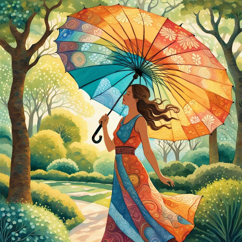 Whimsical Folk Art Woman and Vibrant Batik Umbrella in Sprin...
