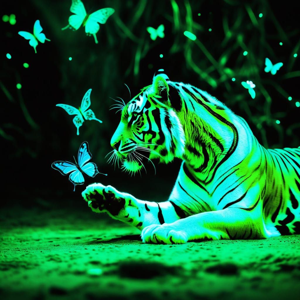 Majestic Tiger Cub Interacts with Glowing Butterfly in a Whi...
