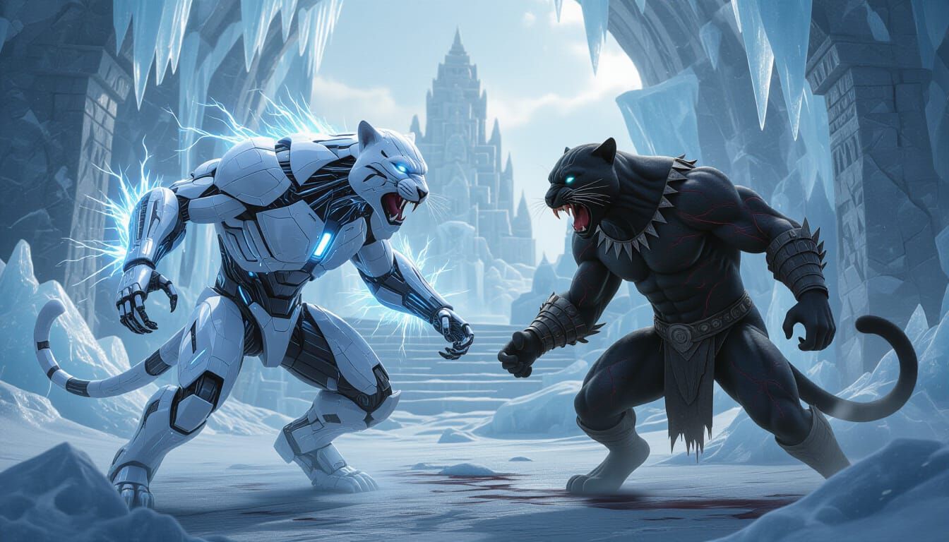 Cyborg vs Organic Panther Showdown in Fractured Tundra
