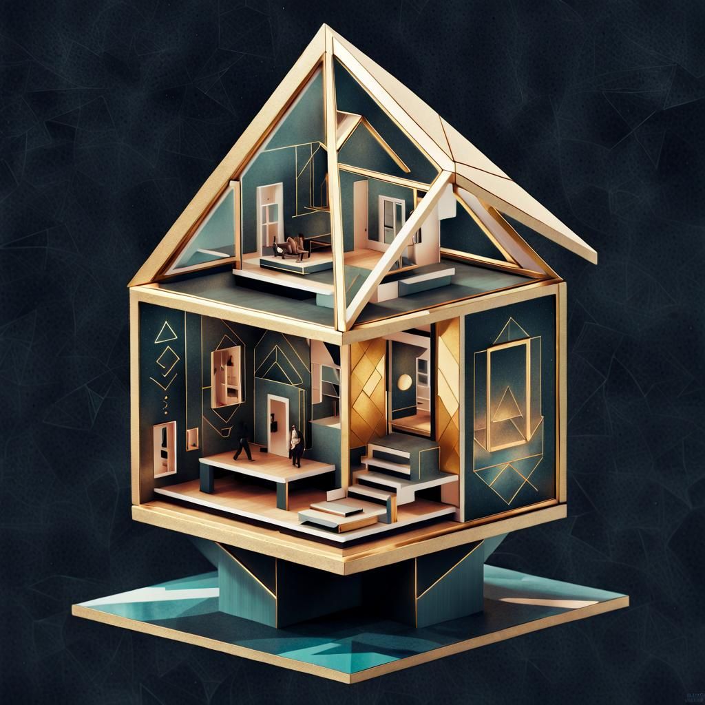 Golden Geometric Dollhouse Design with Tattoo Graphics