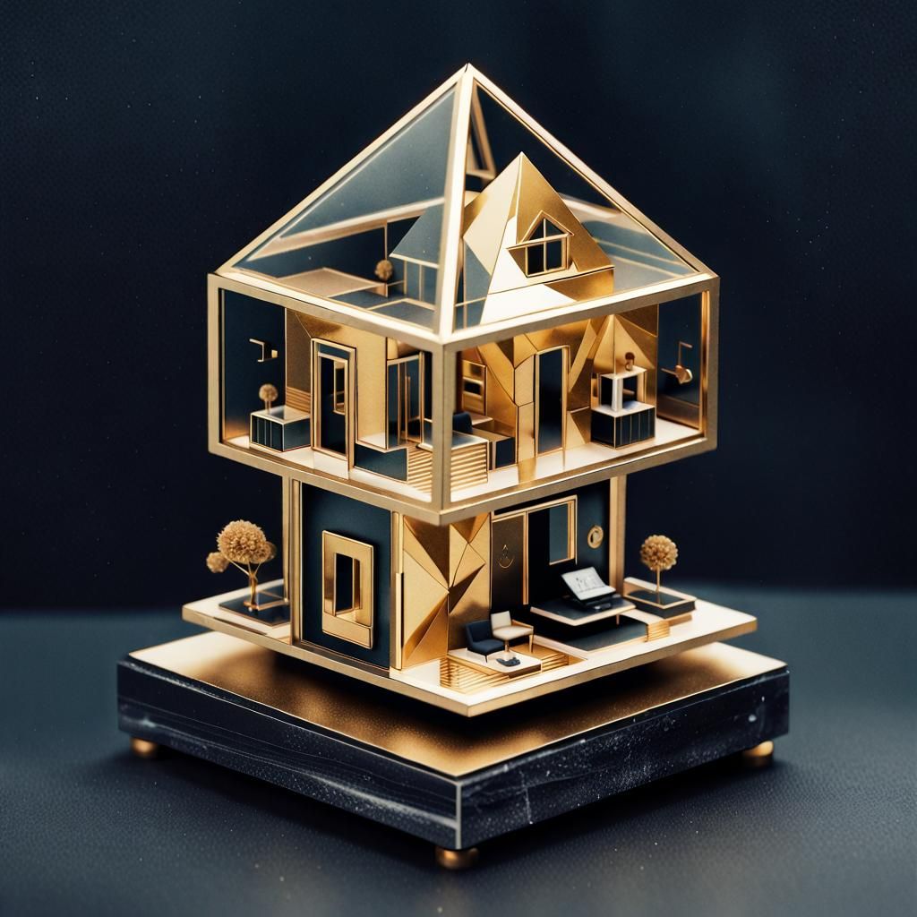 Golden Geometric Mini Dollhouse in Washed-Out Style