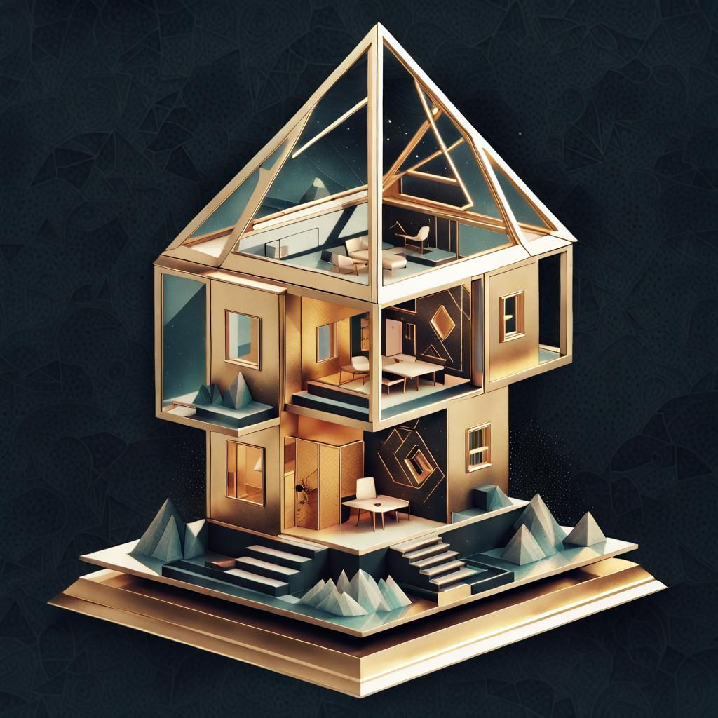 Golden Geometric Dollhouse Design with Tattoo Graphics