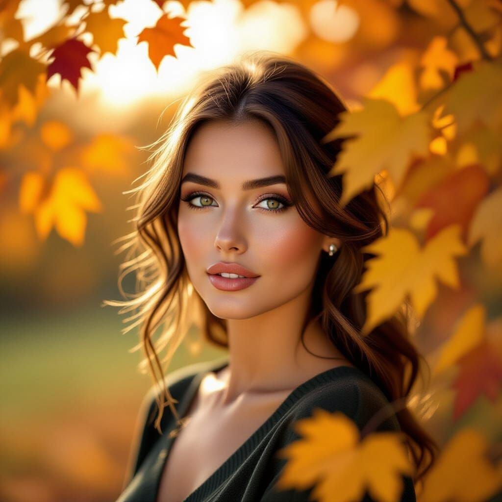 Beautiful Woman Amidst Golden Autumn Leaves