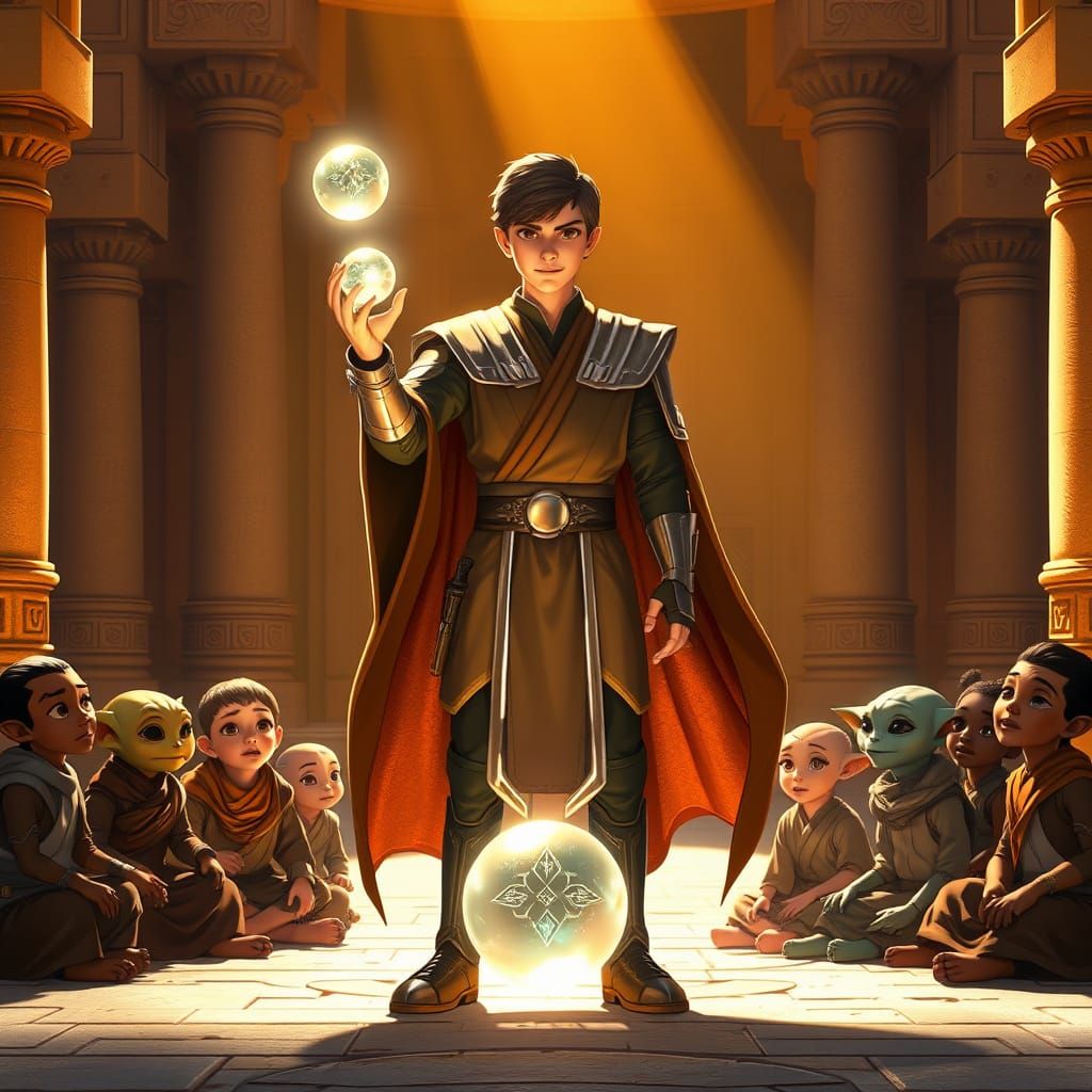 Young Jedi Master in Ancient Temple Courtyard