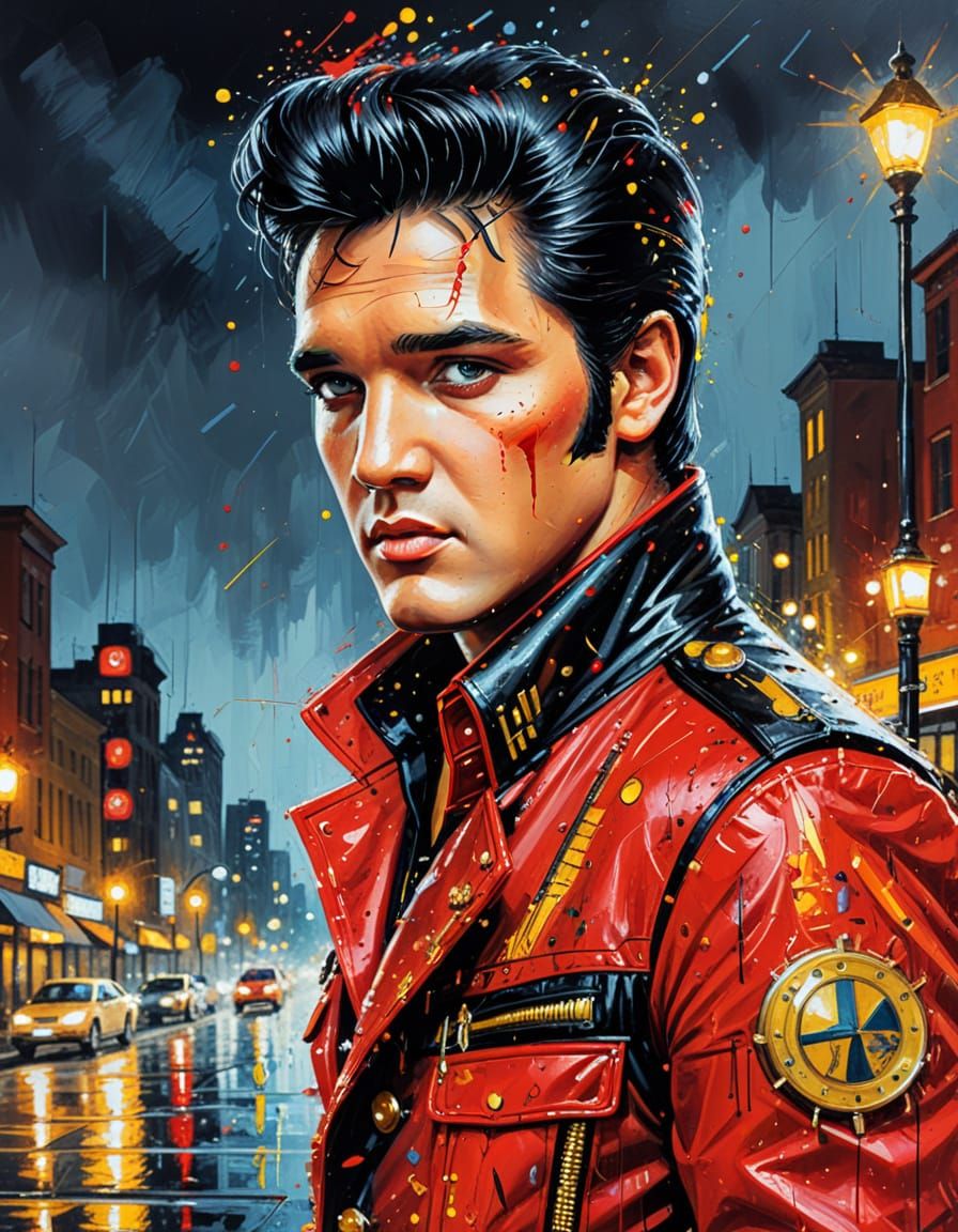 Elvis Presley in Steampunk Style with Night City Background