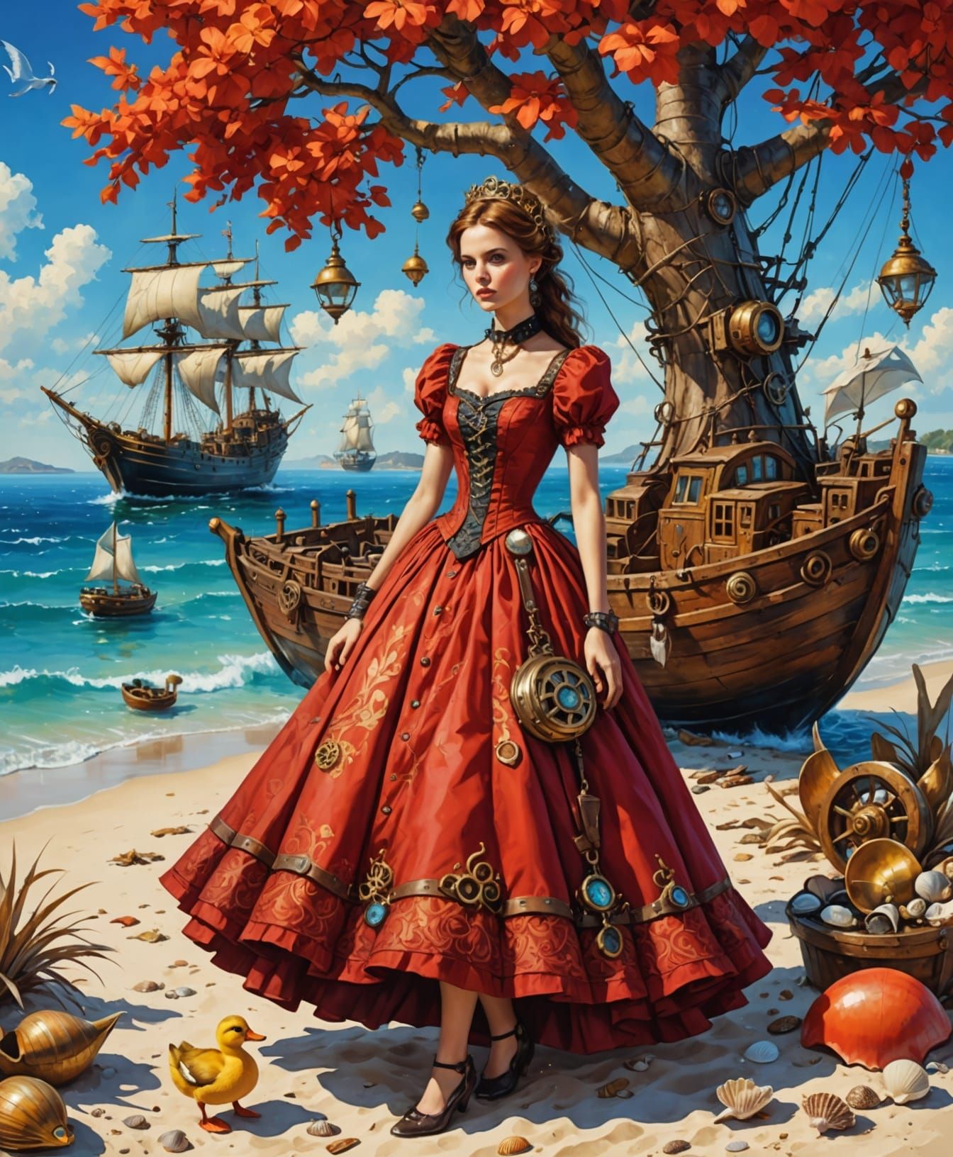 Steampunk Tree of Life in a Red Dress Takes a Beach Vacation