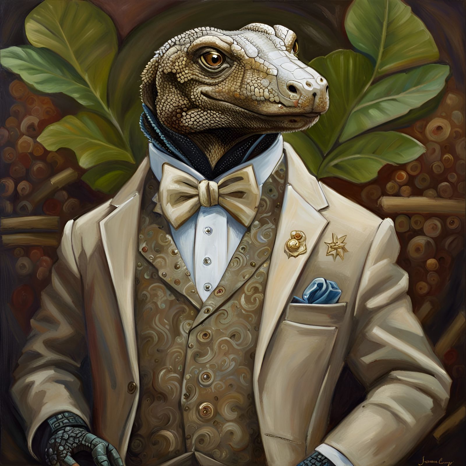 Komodo Dragon in Tuxedo: Cute Oil Painting