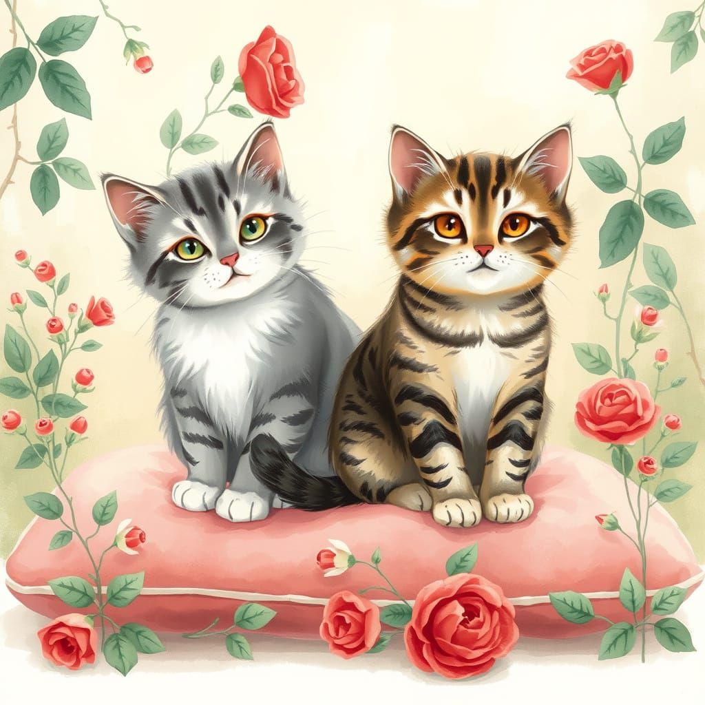 Whimsical Cats on Velvet Cushion in Watercolor Style