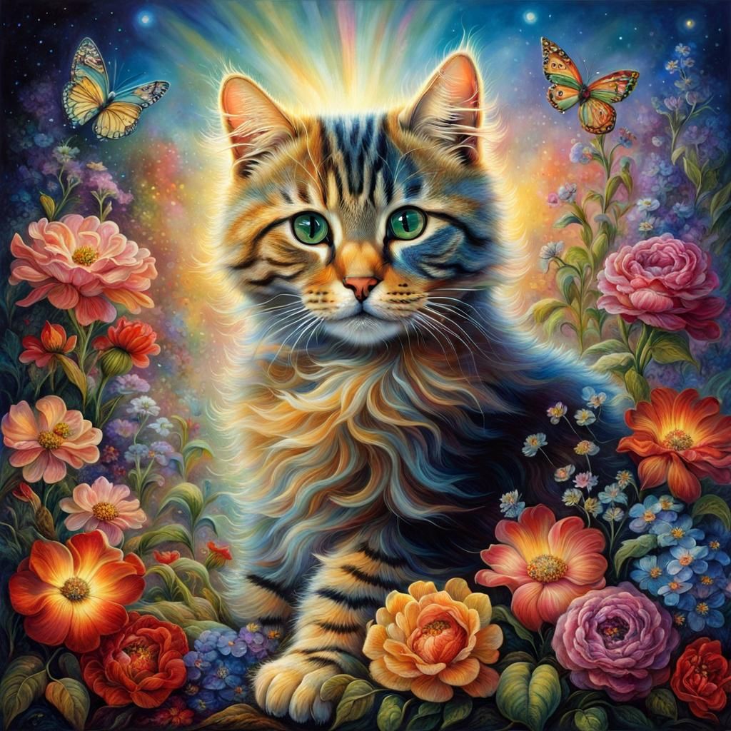 Cat Surrounded by Flowers in Fantasy Art Style